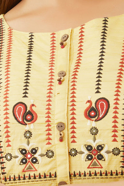 Peacock Placement Geometric Embroidered Kurta Yellow