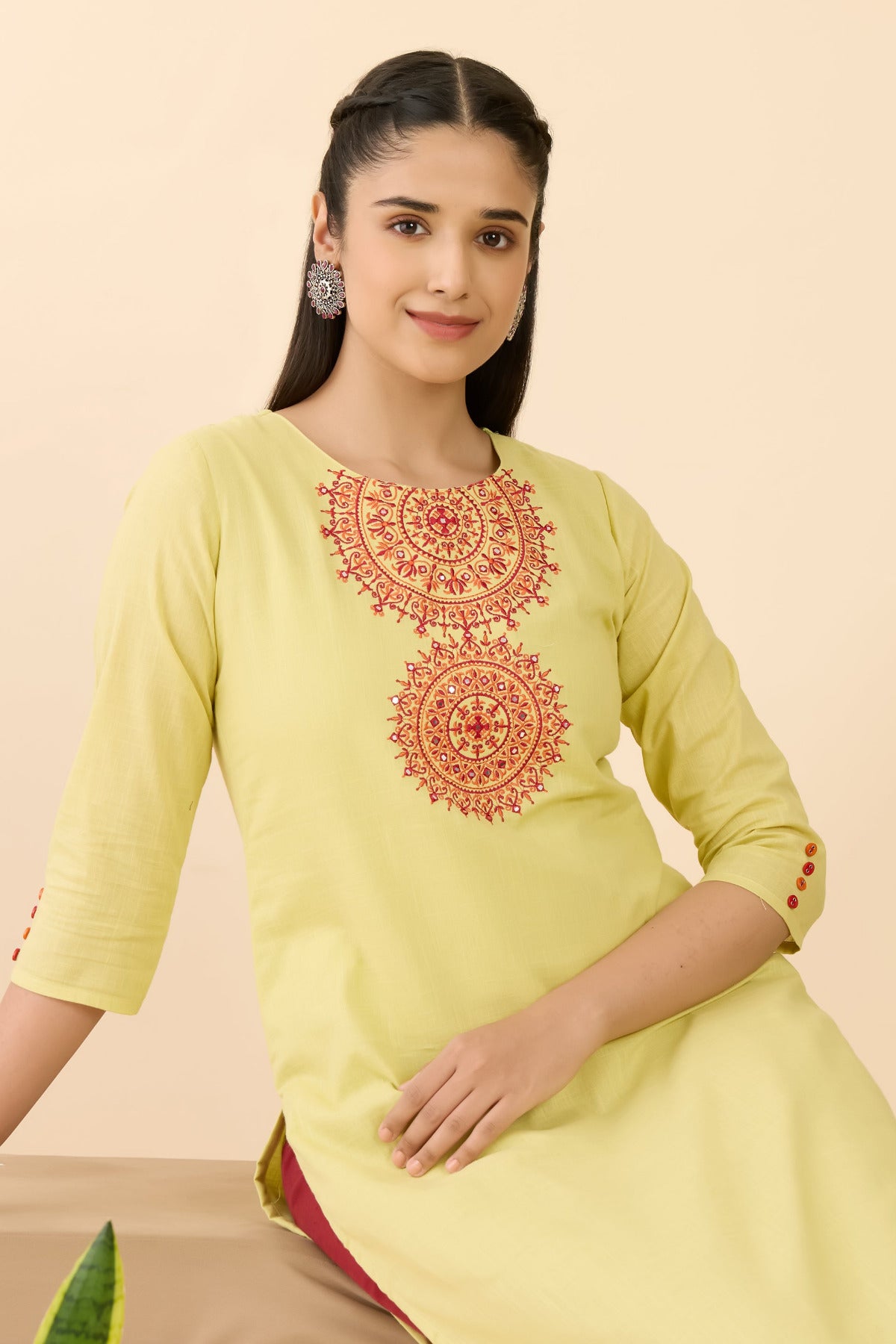 MUSTARD GREEN MANDALA EMBROIDERED STRAIGHT CUT KURTA