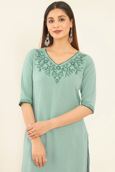 Ditsy Floral Mirror Embroidered Kurta Green