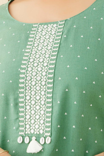 All Over Polka Dot With Embroidered Yoke A Line Kurta Green