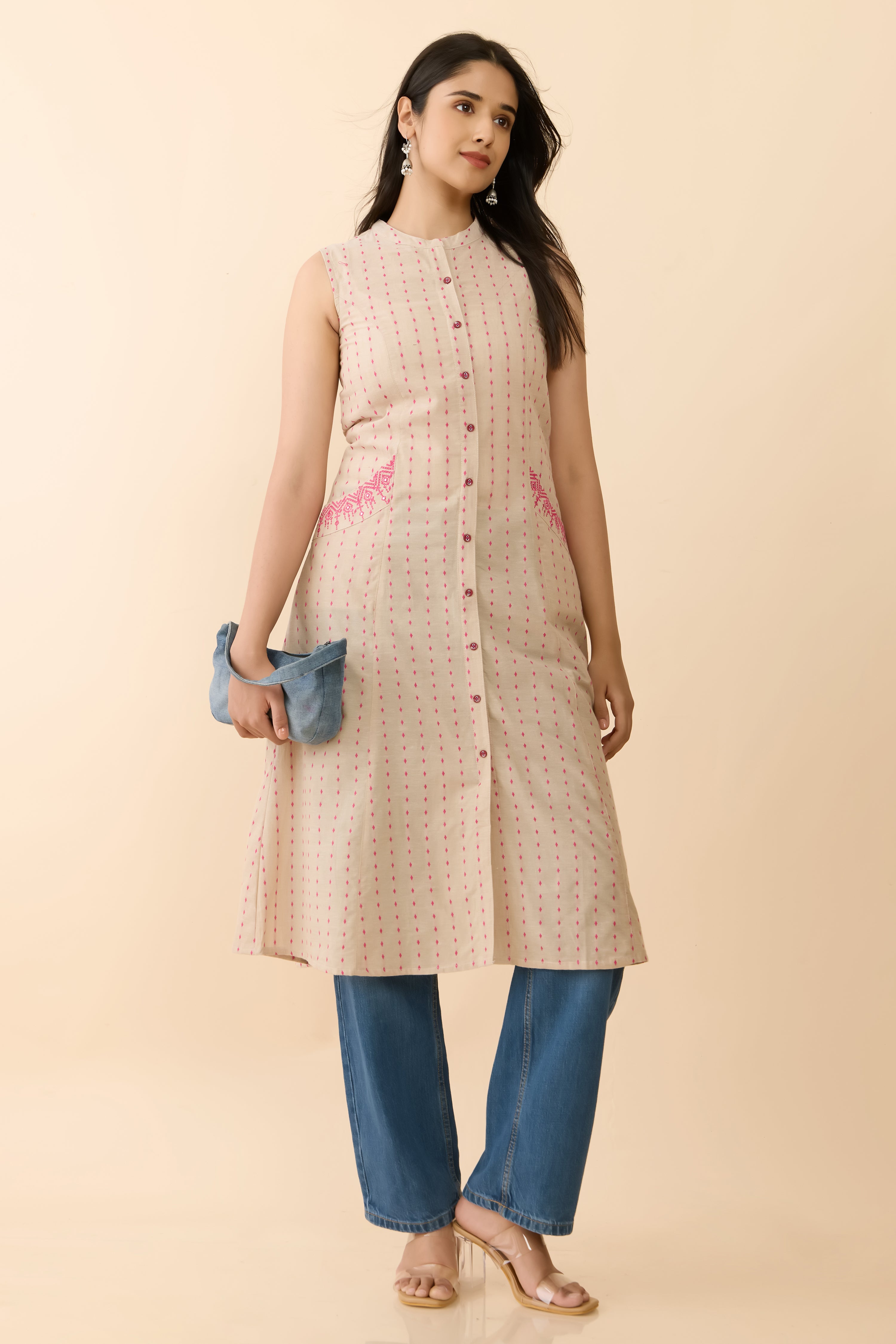 BEIGE DOBBY STRAIGHT CUT KURTA