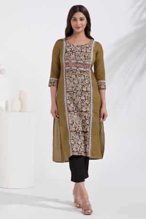 Linen Olive Green Kurta with Printed Kalamkari Panel