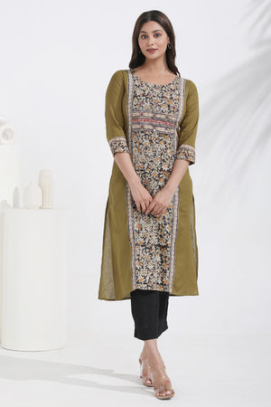 Linen Olive Green Kurta with Printed Kalamkari Panel