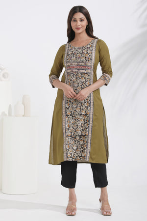 Linen Olive Green Kurta with Printed Kalamkari Panel