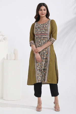 Linen Olive Green Kurta with Printed Kalamkari Panel