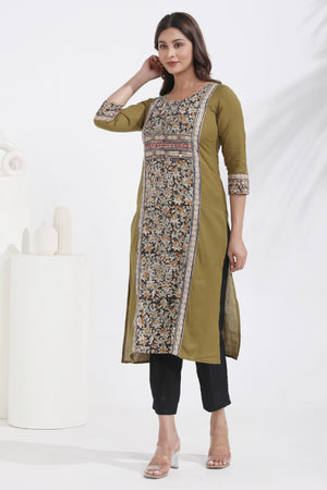 Linen Olive Green Kurta with Printed Kalamkari Panel