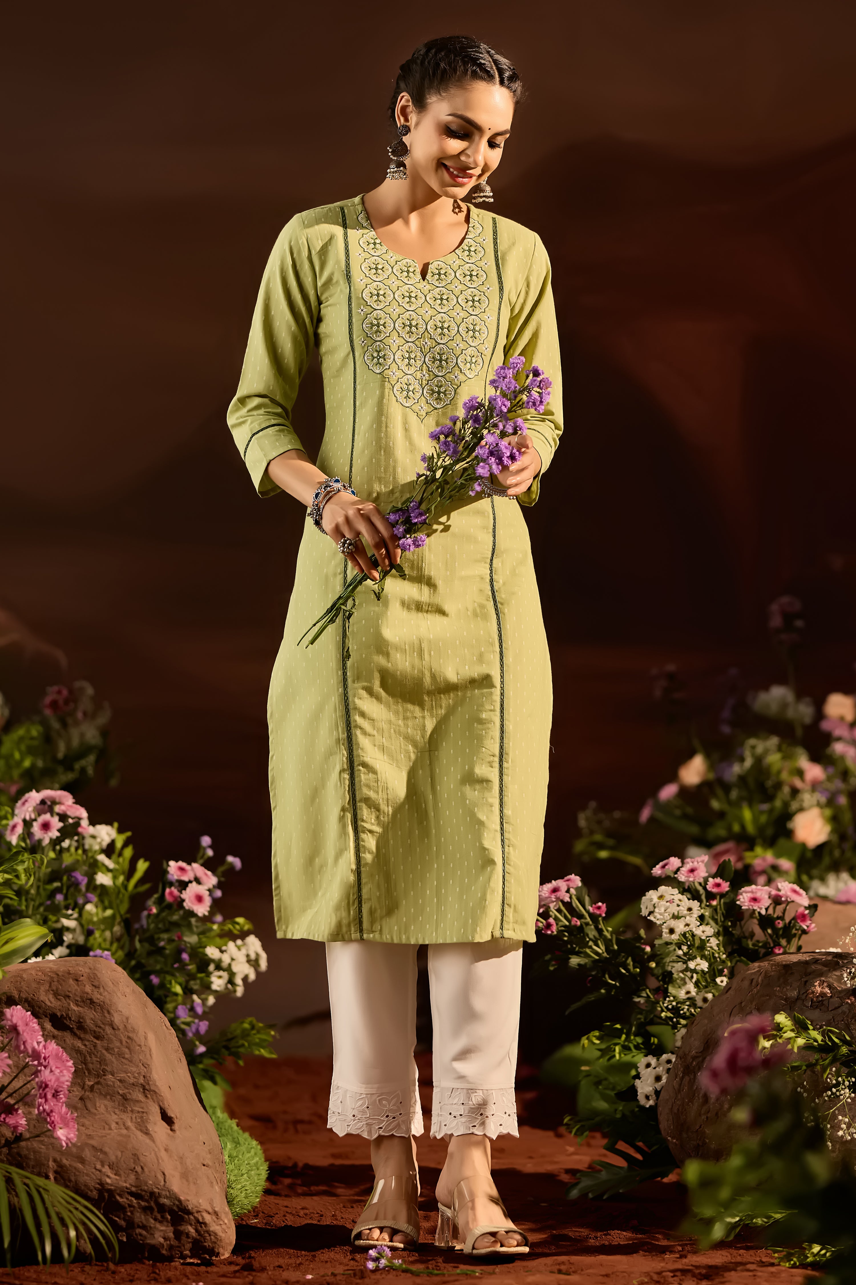 GREEN DOBBY STRAIGHT CUT KURTA