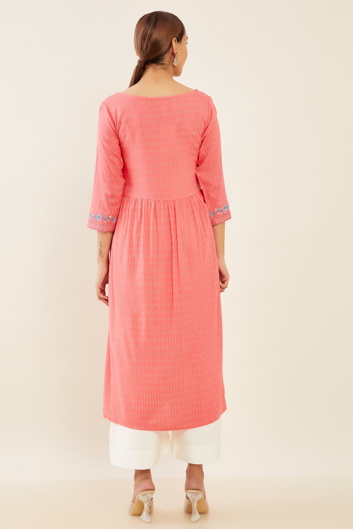 Contrast Foil Mirror Embroidered A Line Pleated Kurta Pink