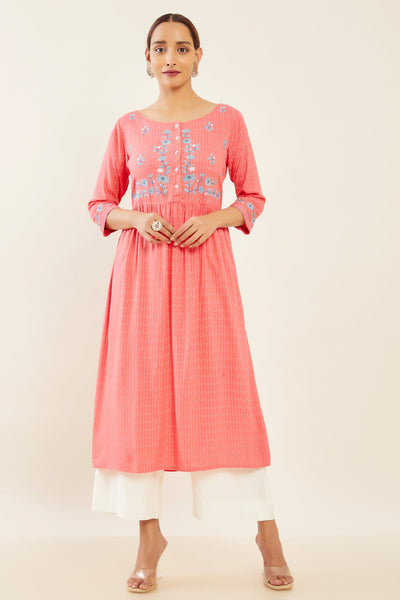 Contrast Foil Mirror Embroidered A Line Pleated Kurta Pink