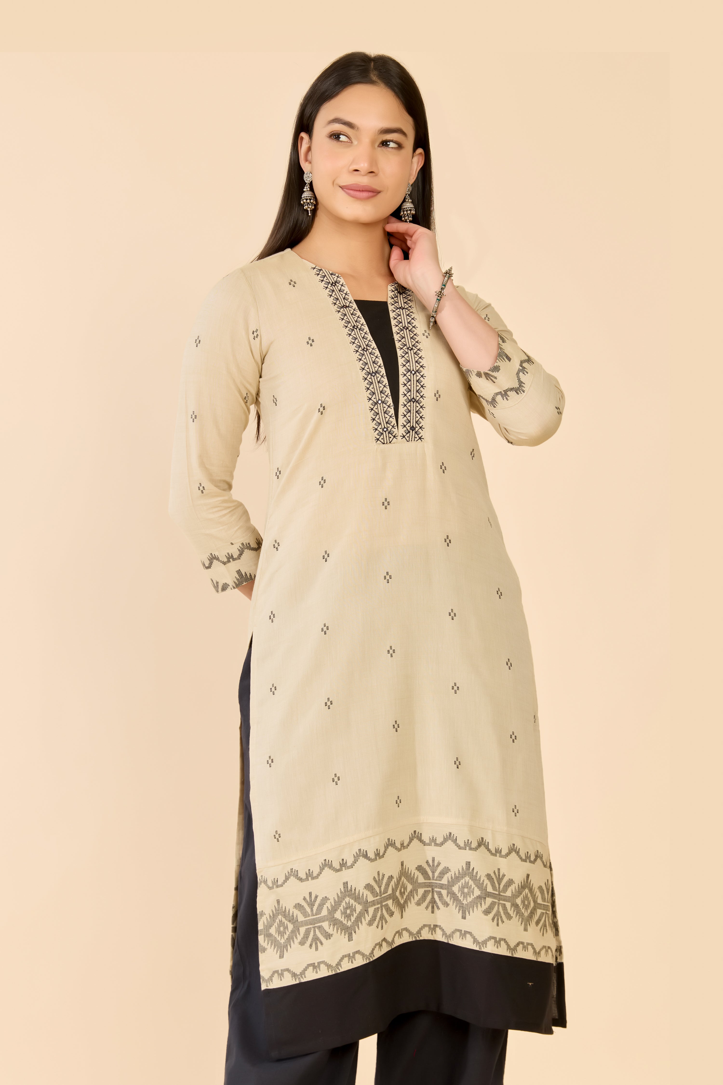 Beige Dobby & Jamdhani Kurta