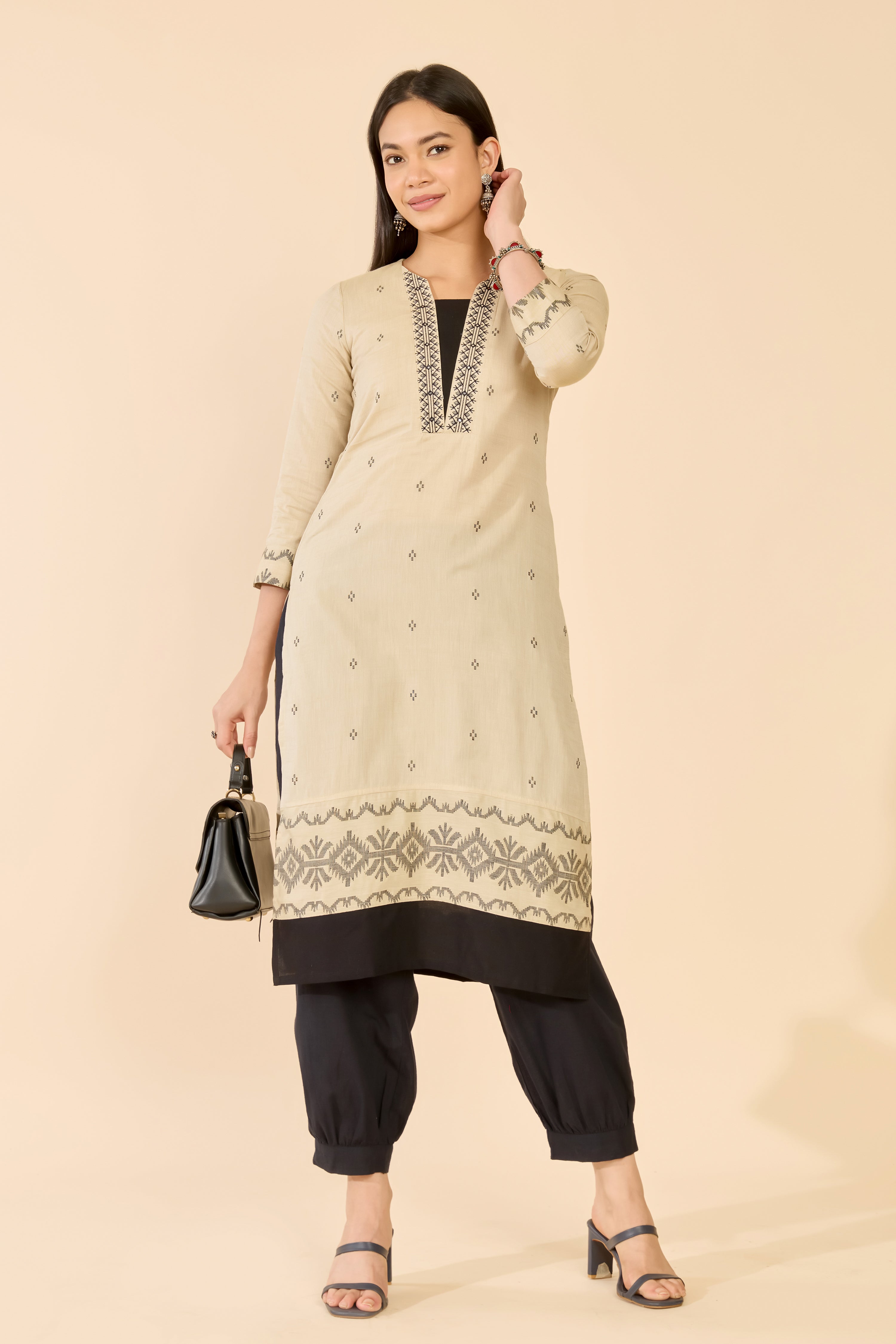 Beige Dobby & Jamdhani Kurta