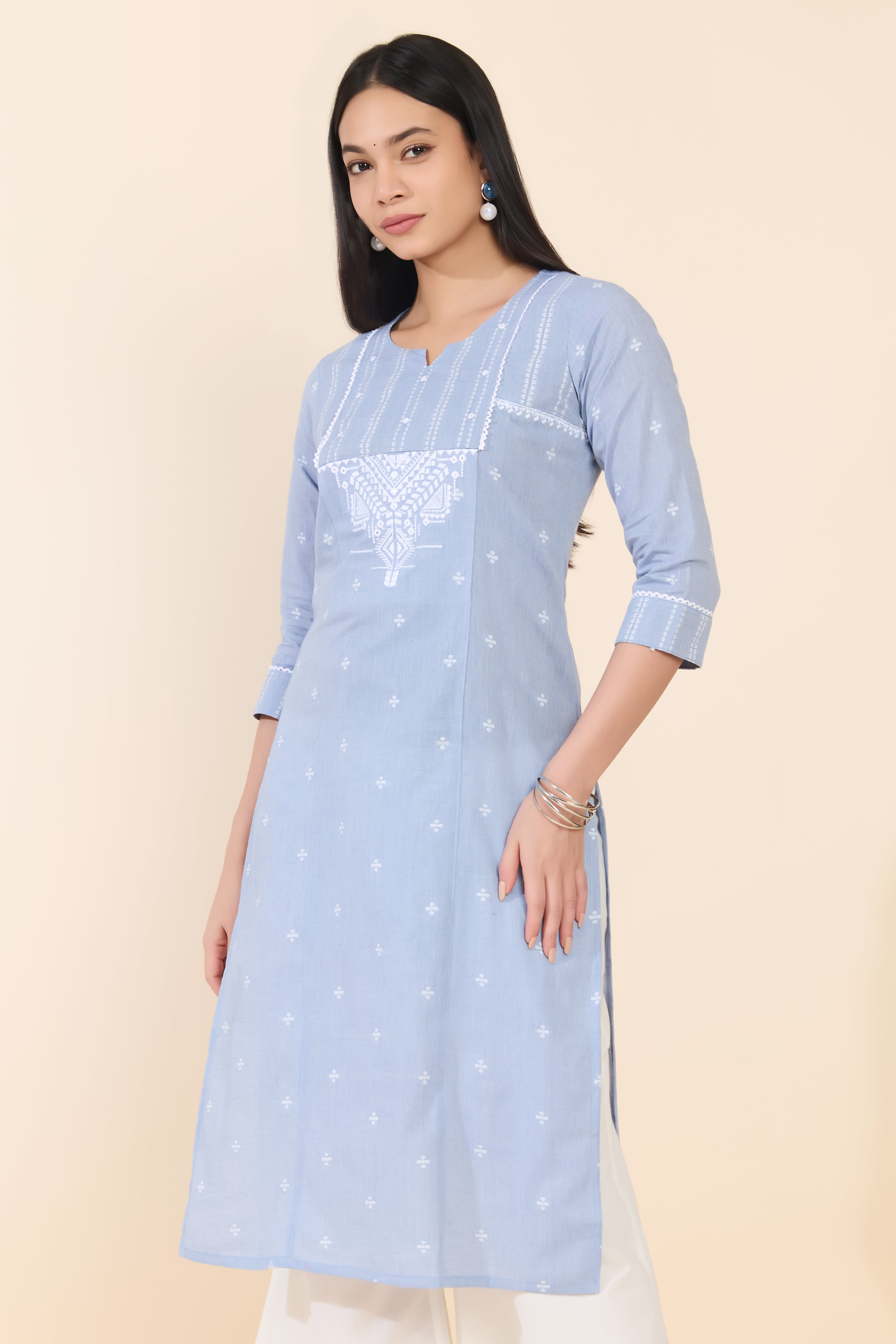 BLUE DOBBY STRAIGHT CUT COTTON KURTA
