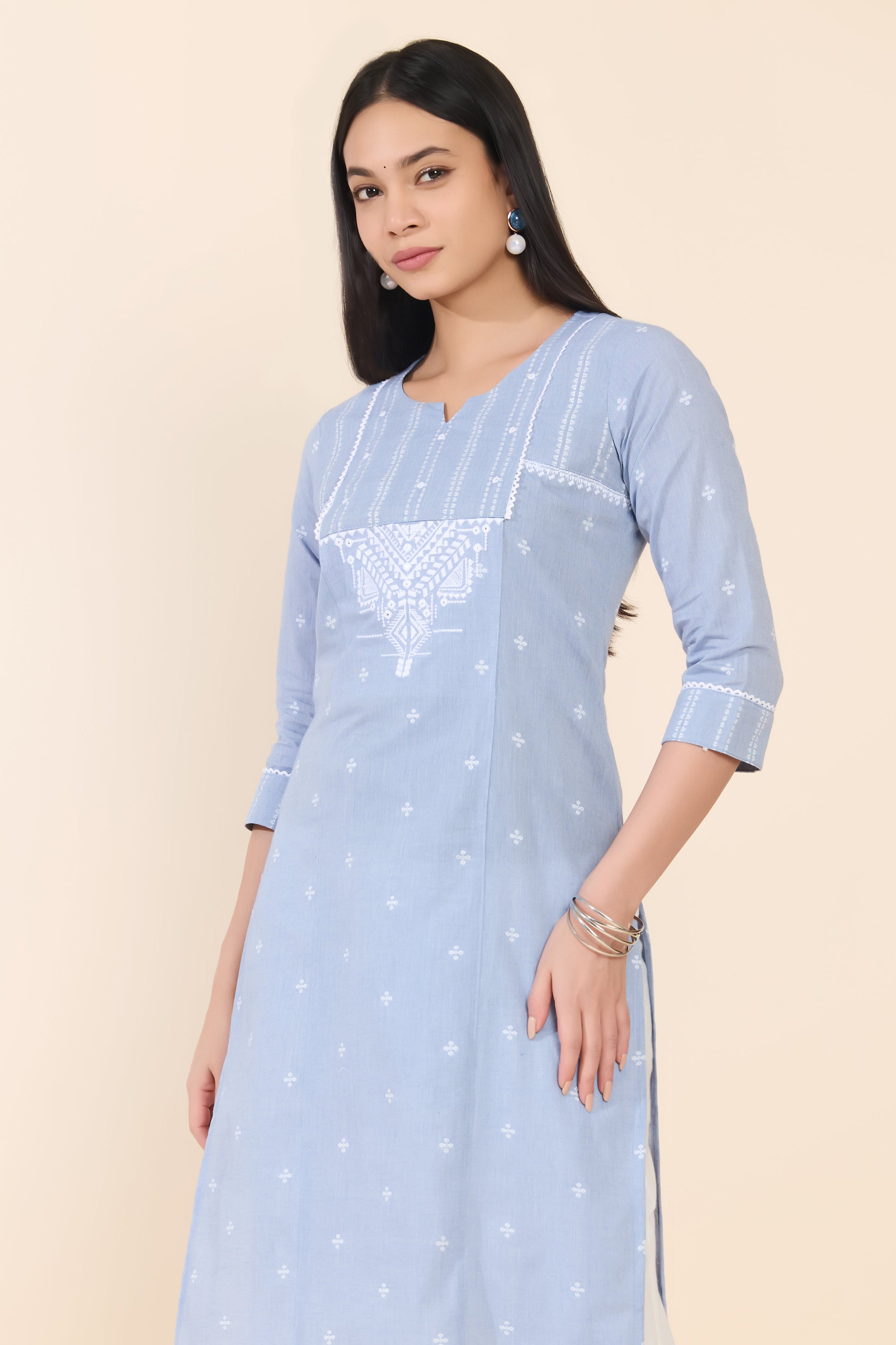 BLUE DOBBY STRAIGHT CUT COTTON KURTA