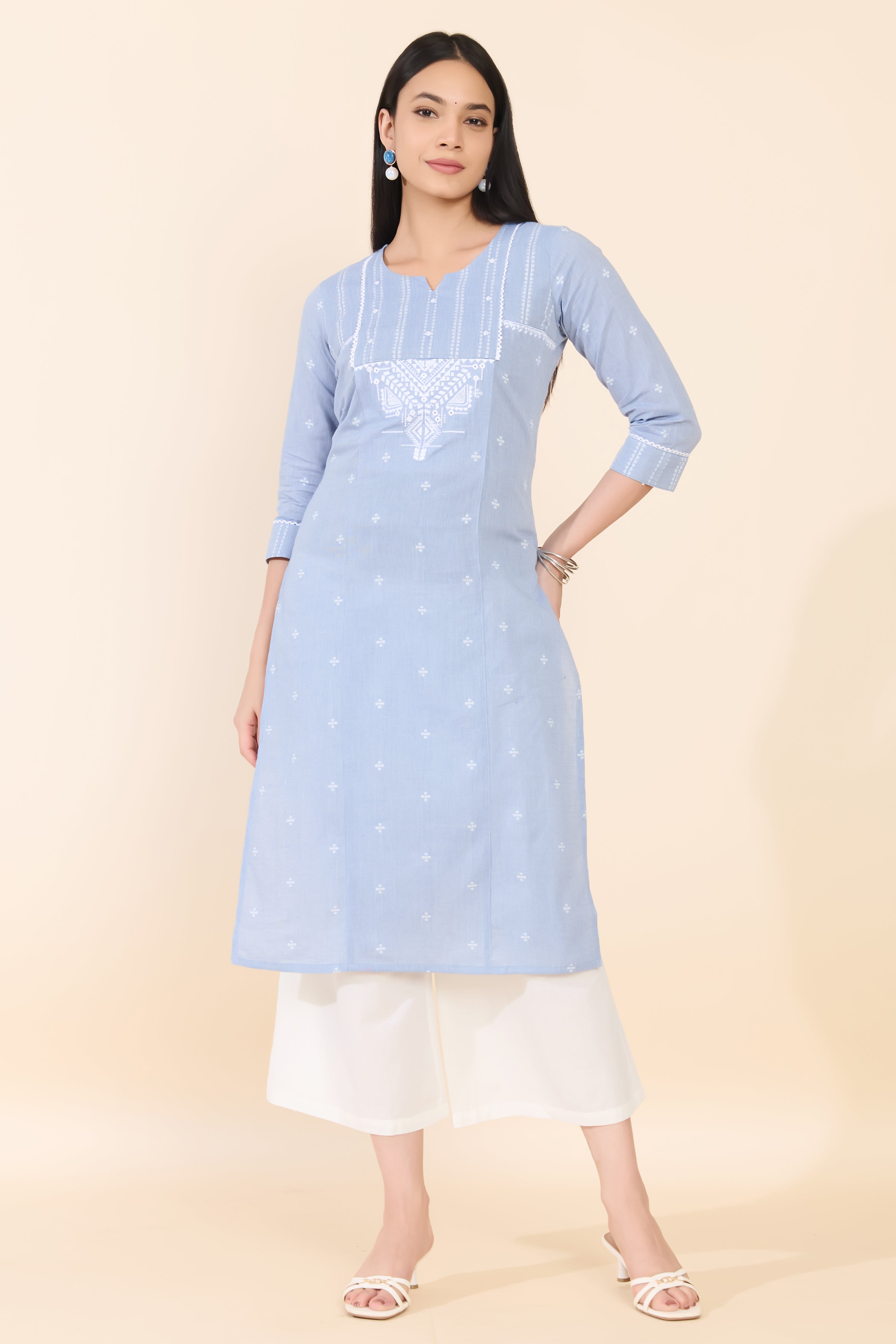 BLUE DOBBY STRAIGHT CUT COTTON KURTA