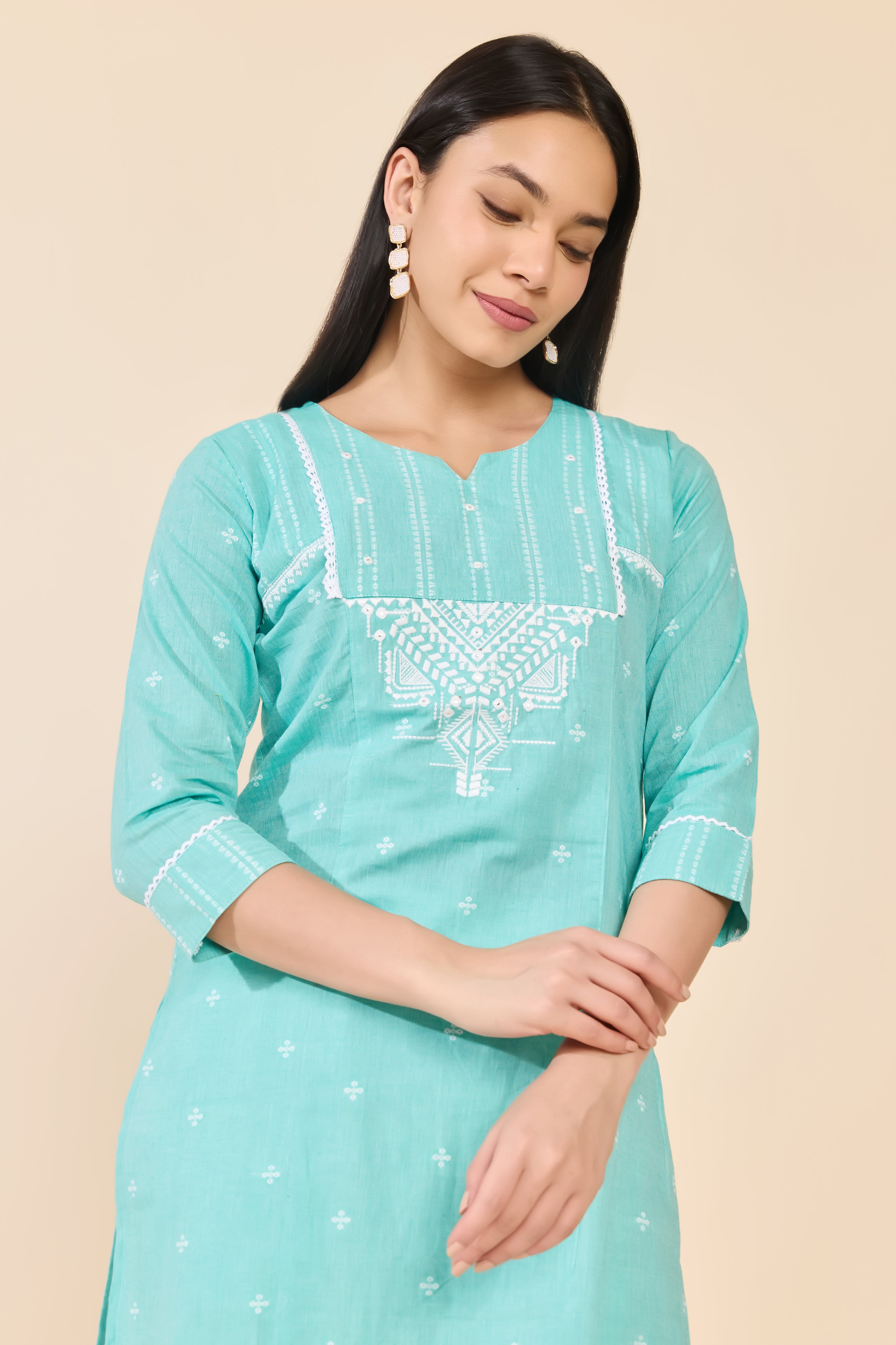 TURQUOISE DOBBY STRAIGHT CUT COTTON KURTA