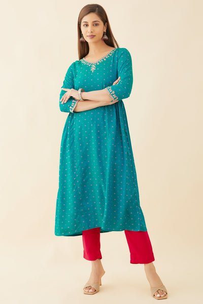 All Over Geometric Print With Foil Mirror Detail Embellished A Line Kurta Green