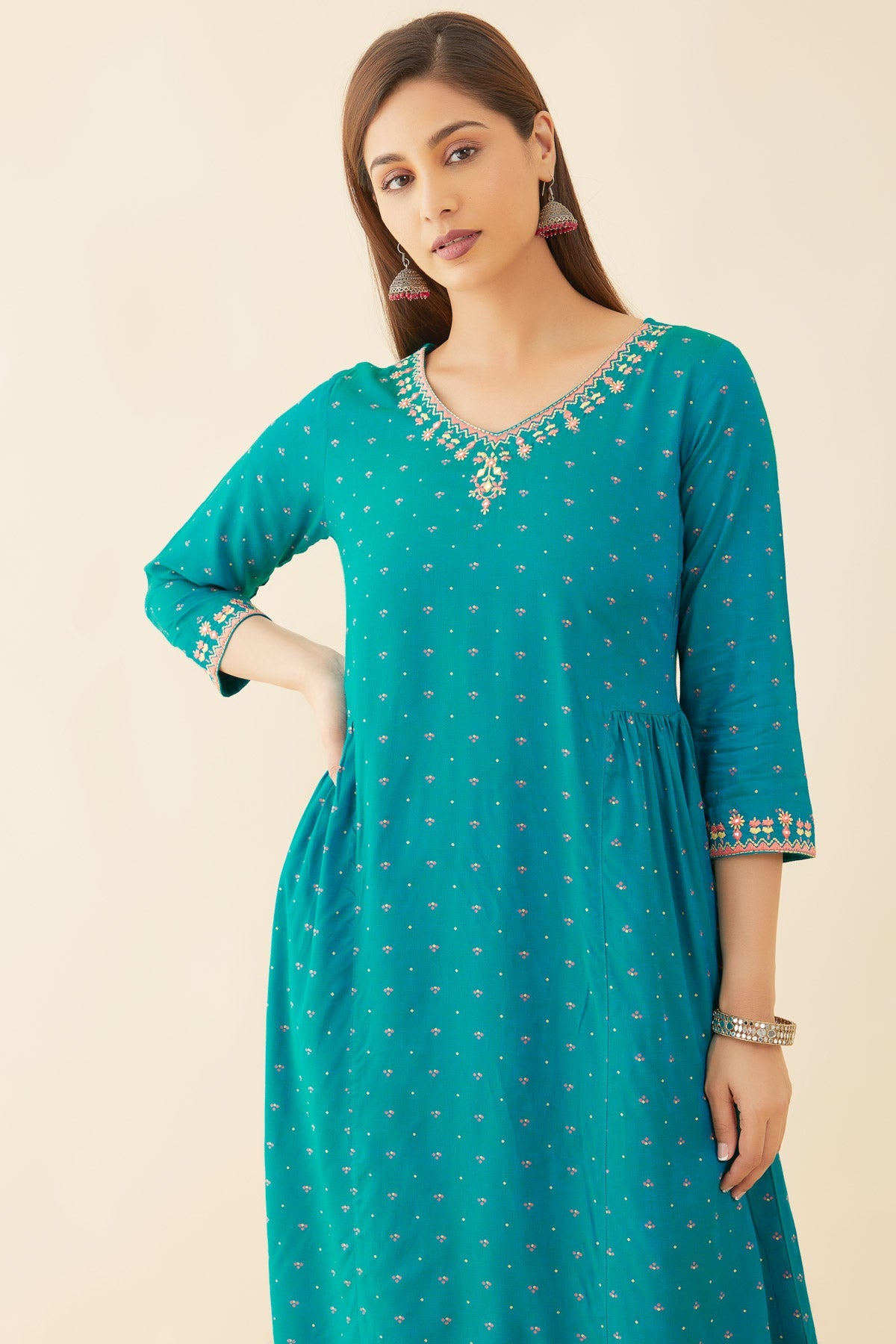 All Over Geometric Print With Foil Mirror Detail Embellished A Line Kurta Green