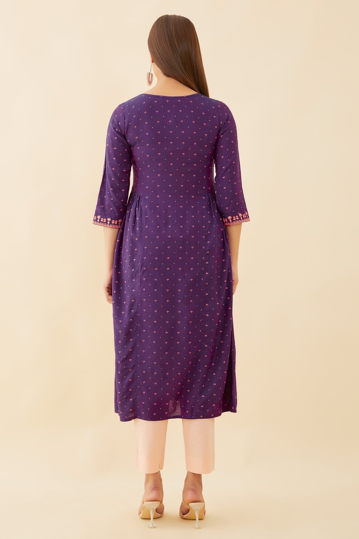 All Over Geometric Print With Foil Mirror Detail Embellished A Line Kurta Purple