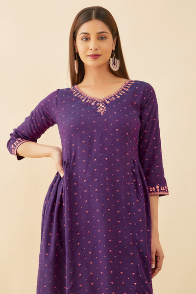 All Over Geometric Print With Foil Mirror Detail Embellished A Line Kurta Purple