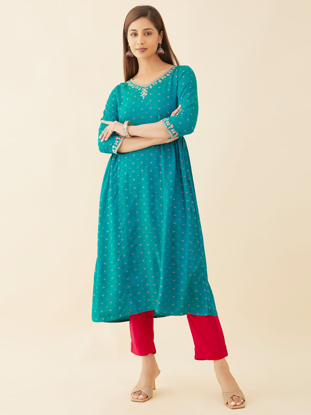 All Over Geometric Print With Foil Mirror Detail Embellished A Line Kurta Blue