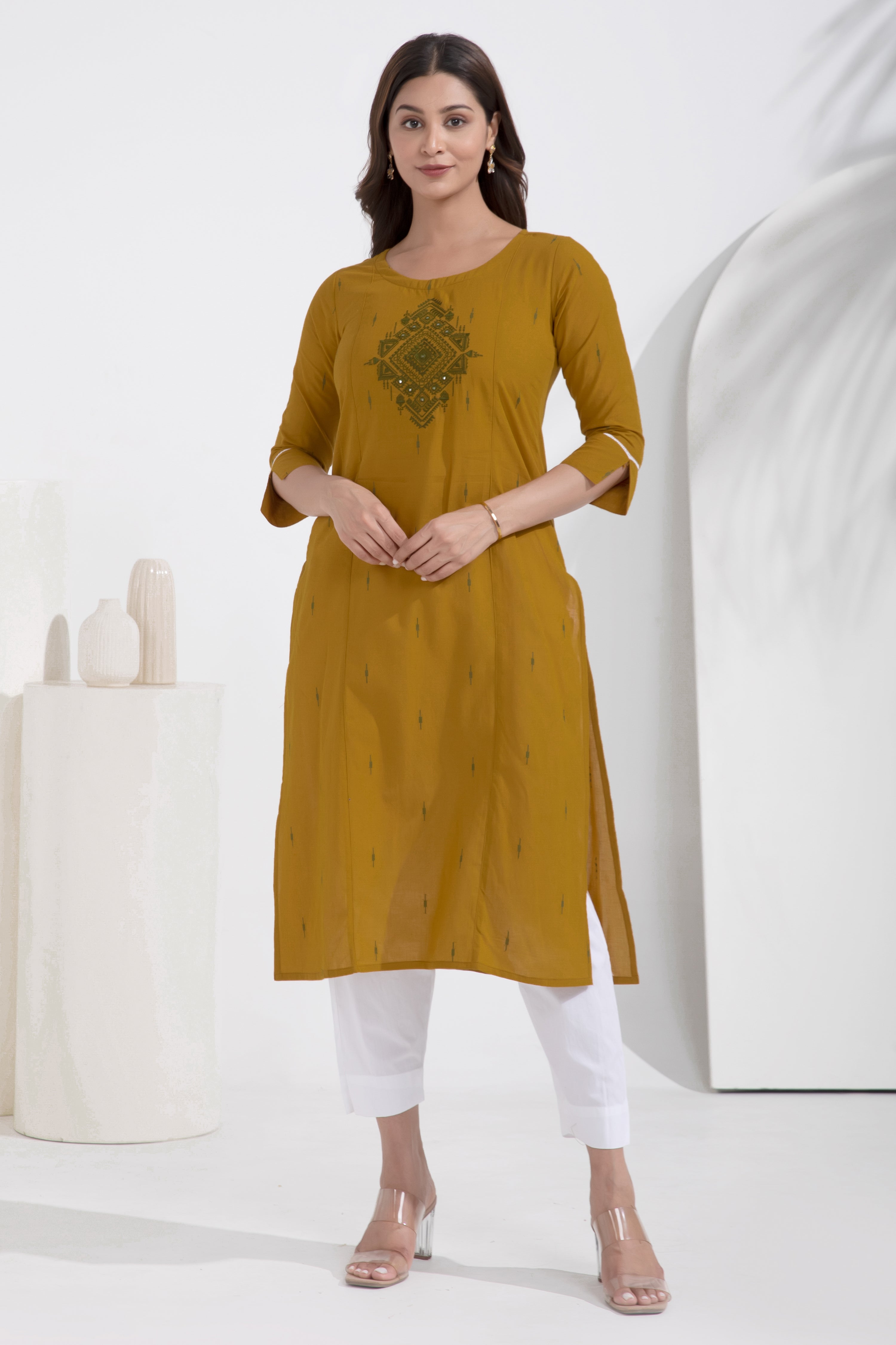 Dobby Embroidered Mustard Cotton Kurta