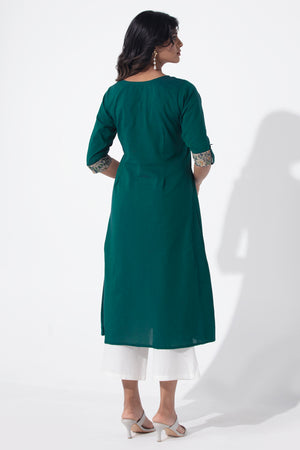Solid Green Kurta with Kalamkari Sleeve Details