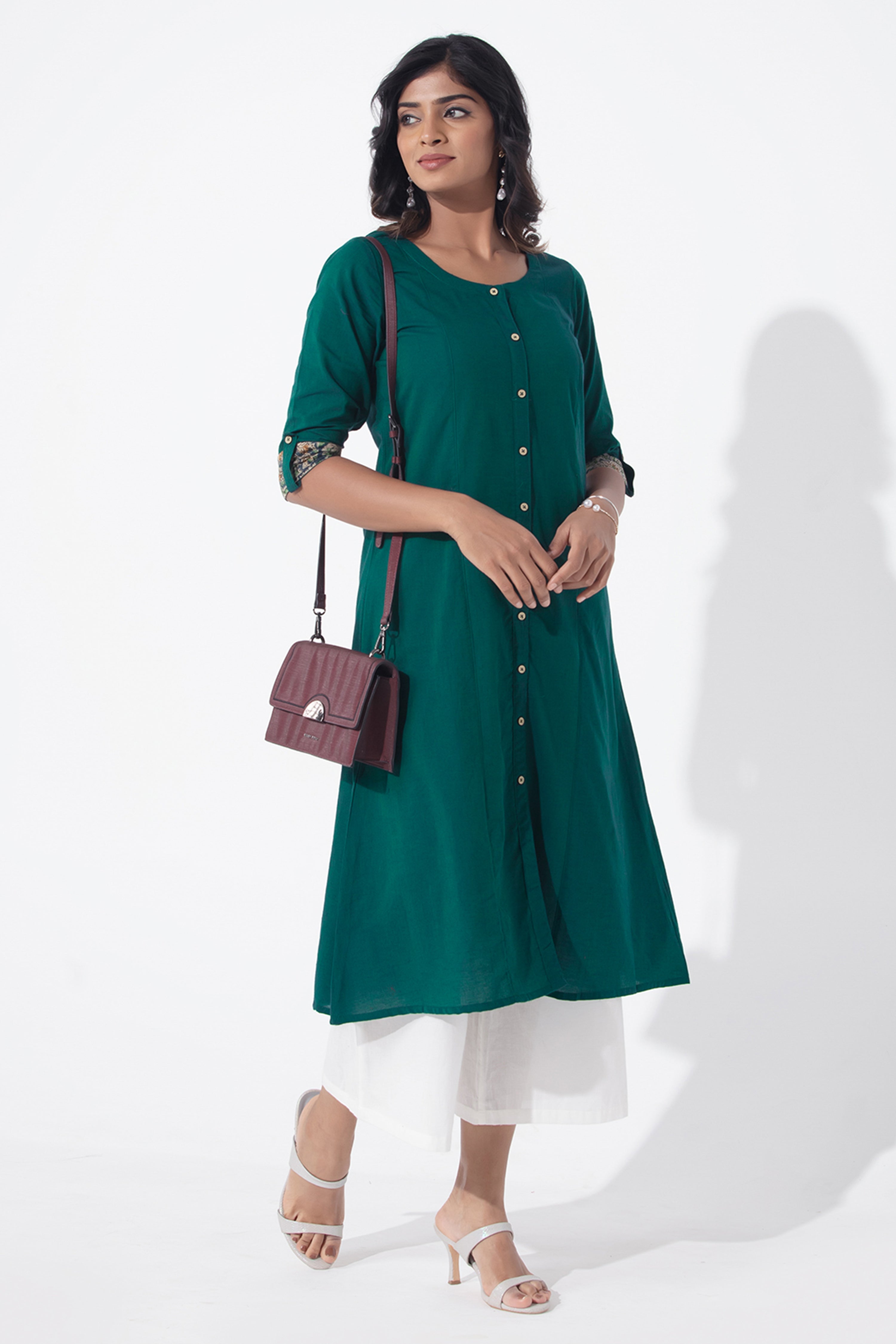 Solid Green Kurta with Kalamkari Sleeve Details