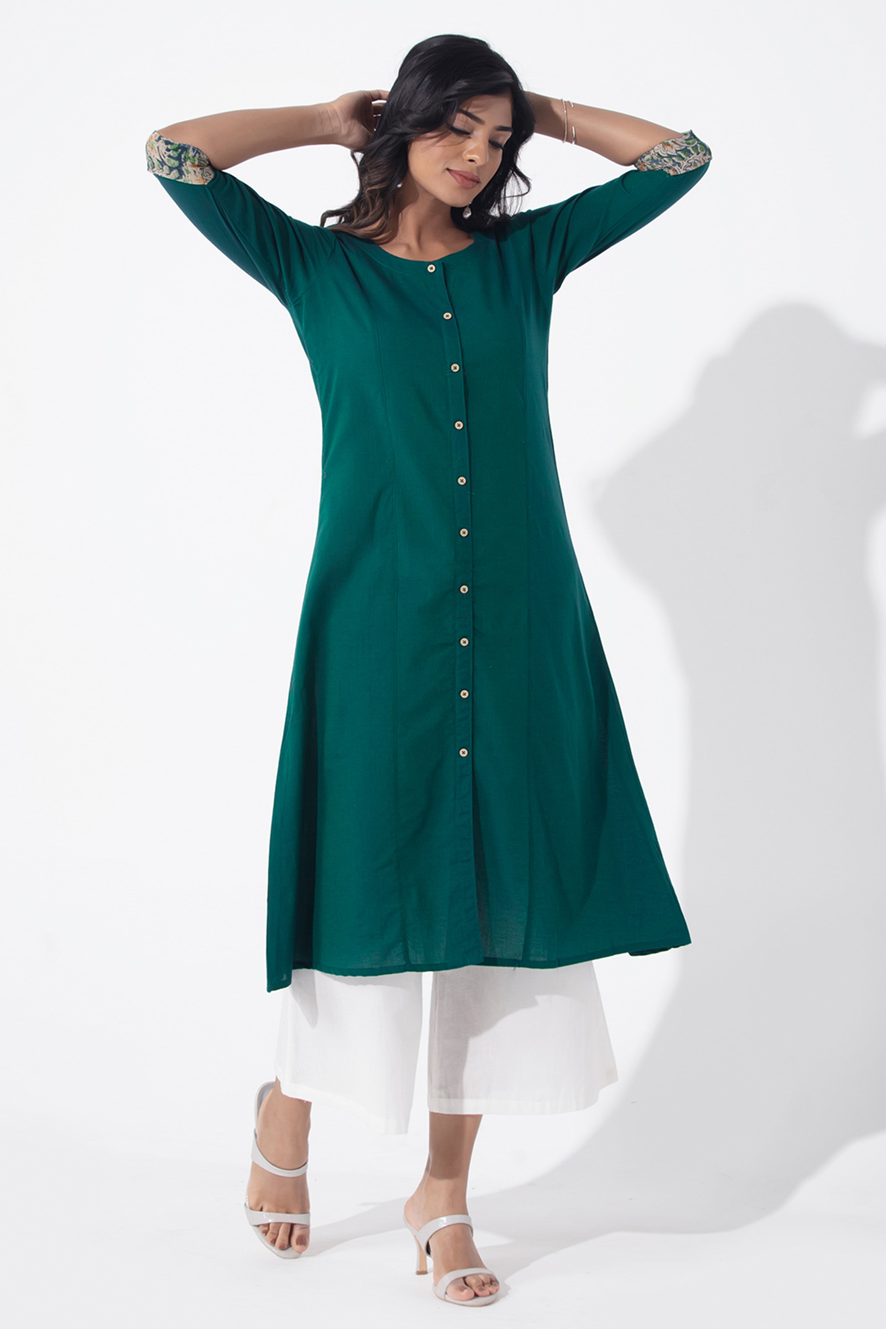 Solid Green Kurta with Kalamkari Sleeve Details