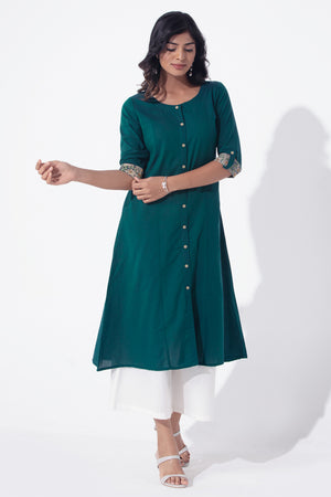 Solid Green Kurta with Kalamkari Sleeve Details
