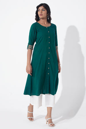Solid Green Kurta with Kalamkari Sleeve Details