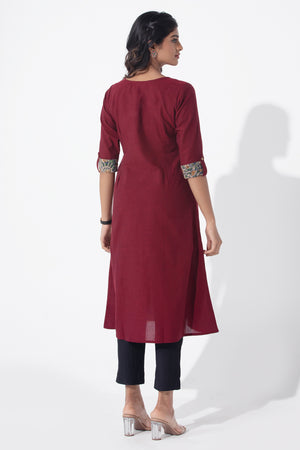 Solid Maroon Kurta with Kalamkari Sleeve Details