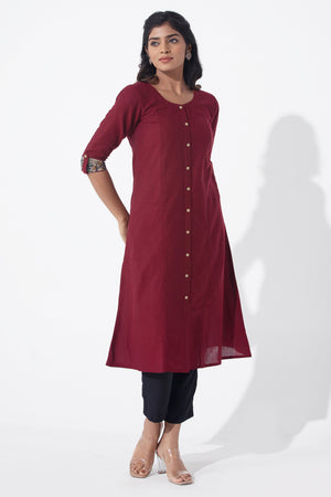Solid Maroon Kurta with Kalamkari Sleeve Details