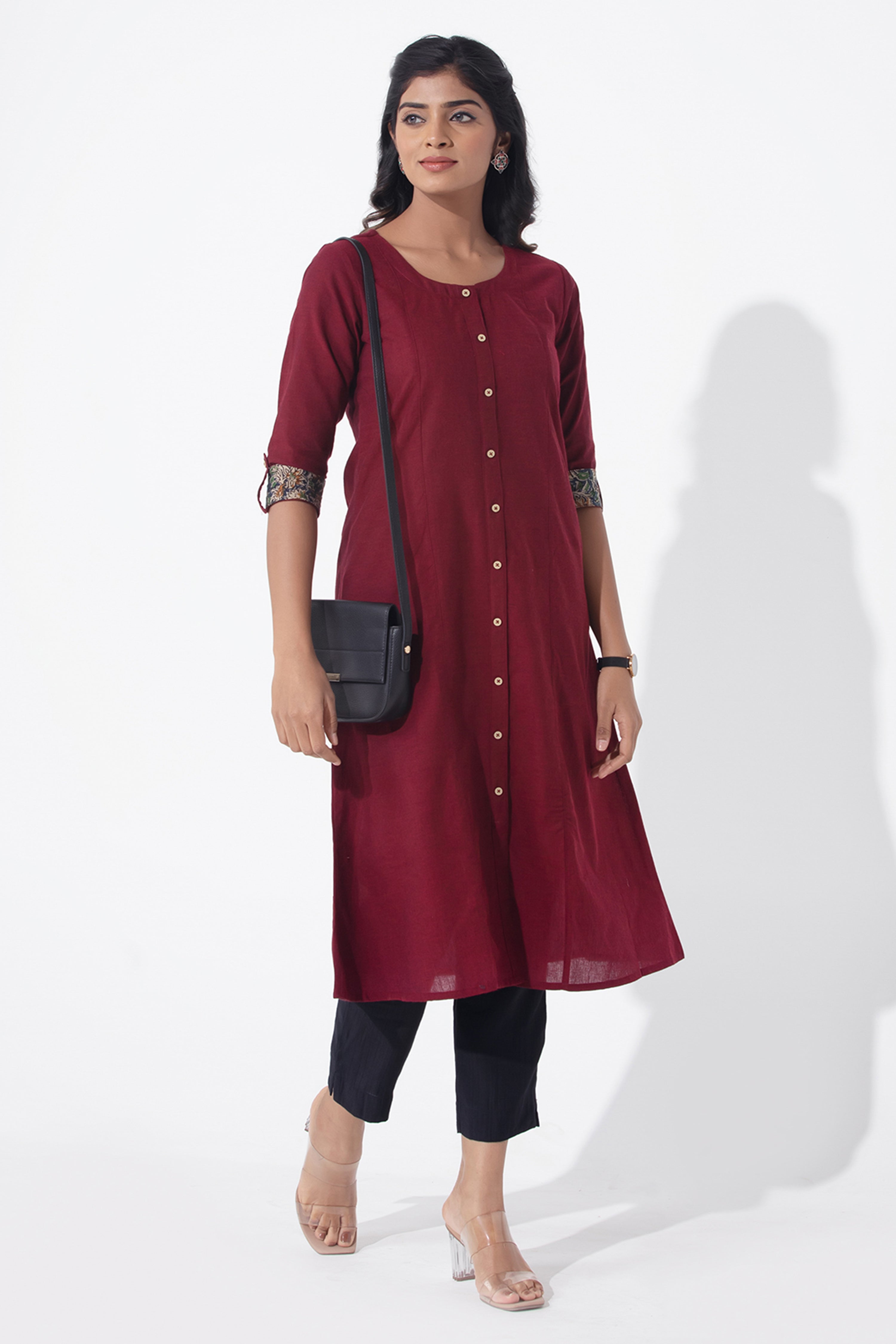 Solid Maroon Kurta with Kalamkari Sleeve Details