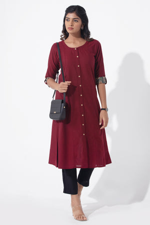 Solid Maroon Kurta with Kalamkari Sleeve Details
