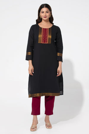 Black Solid Straight Nagari Kurta with Manglakeri Yoke