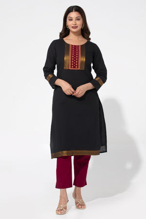 Black Solid Straight Nagari Kurta with Manglakeri Yoke