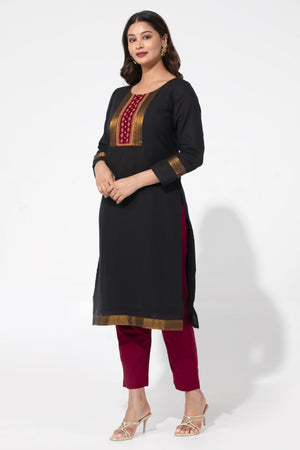 Black Solid Straight Nagari Kurta with Manglakeri Yoke