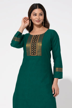 Teal Green Solid Straight Nagari Kurta with Manglakeri Yoke