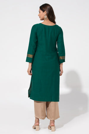 Teal Green Solid Straight Nagari Kurta with Manglakeri Yoke