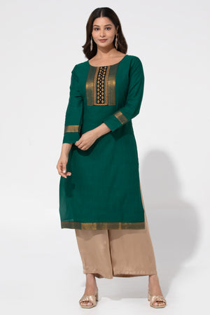 Teal Green Solid Straight Nagari Kurta with Manglakeri Yoke
