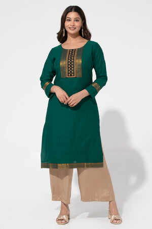Teal Green Solid Straight Nagari Kurta with Manglakeri Yoke