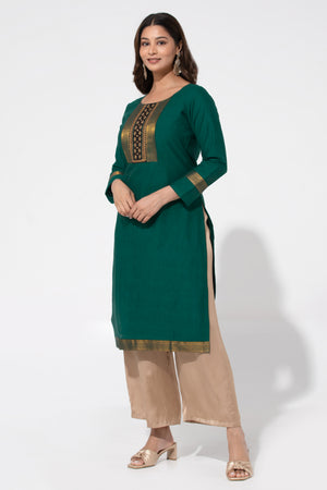 Teal Green Solid Straight Nagari Kurta with Manglakeri Yoke