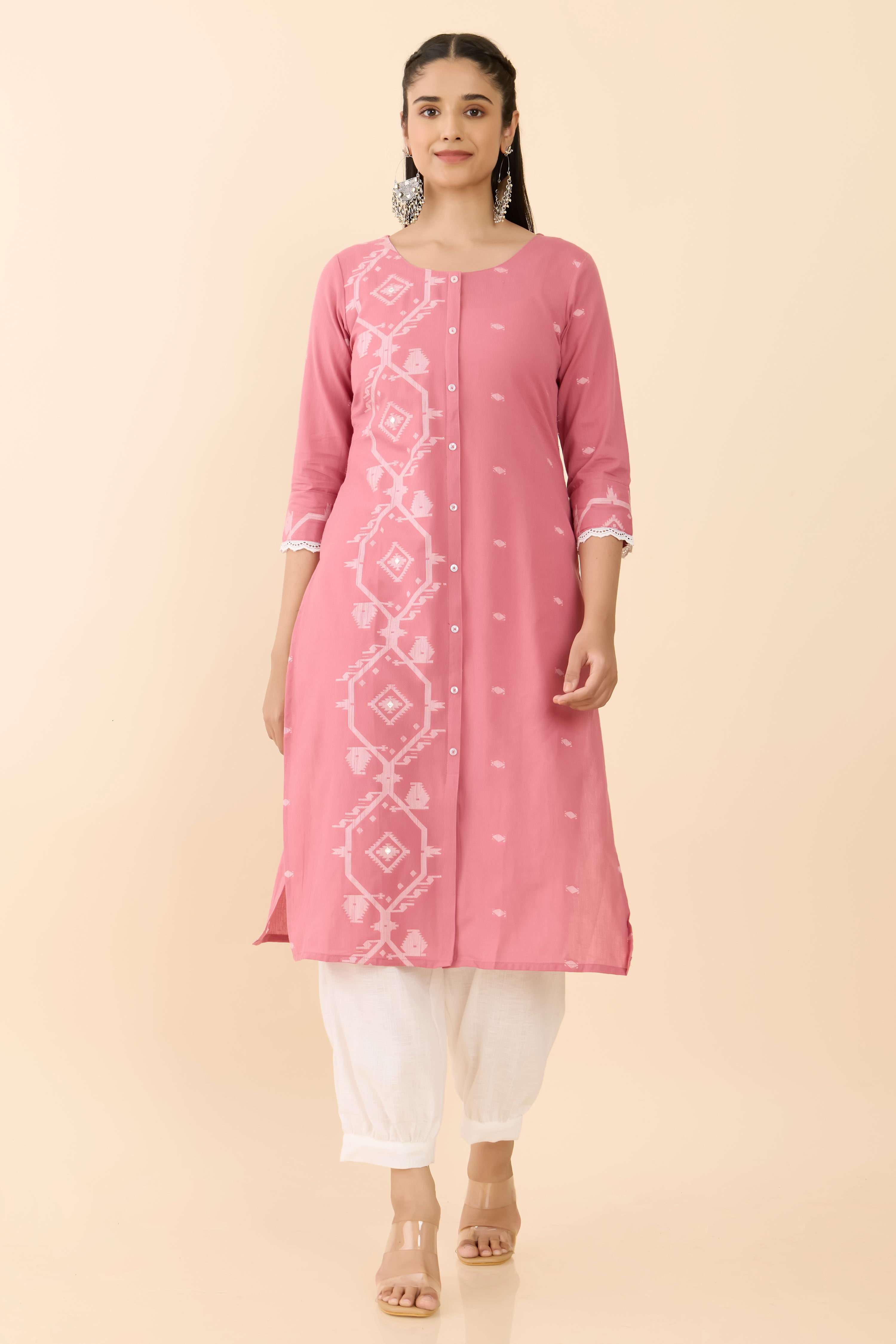 PINK JAMDHANI PRINTED STRAIGHT CUT KURTA