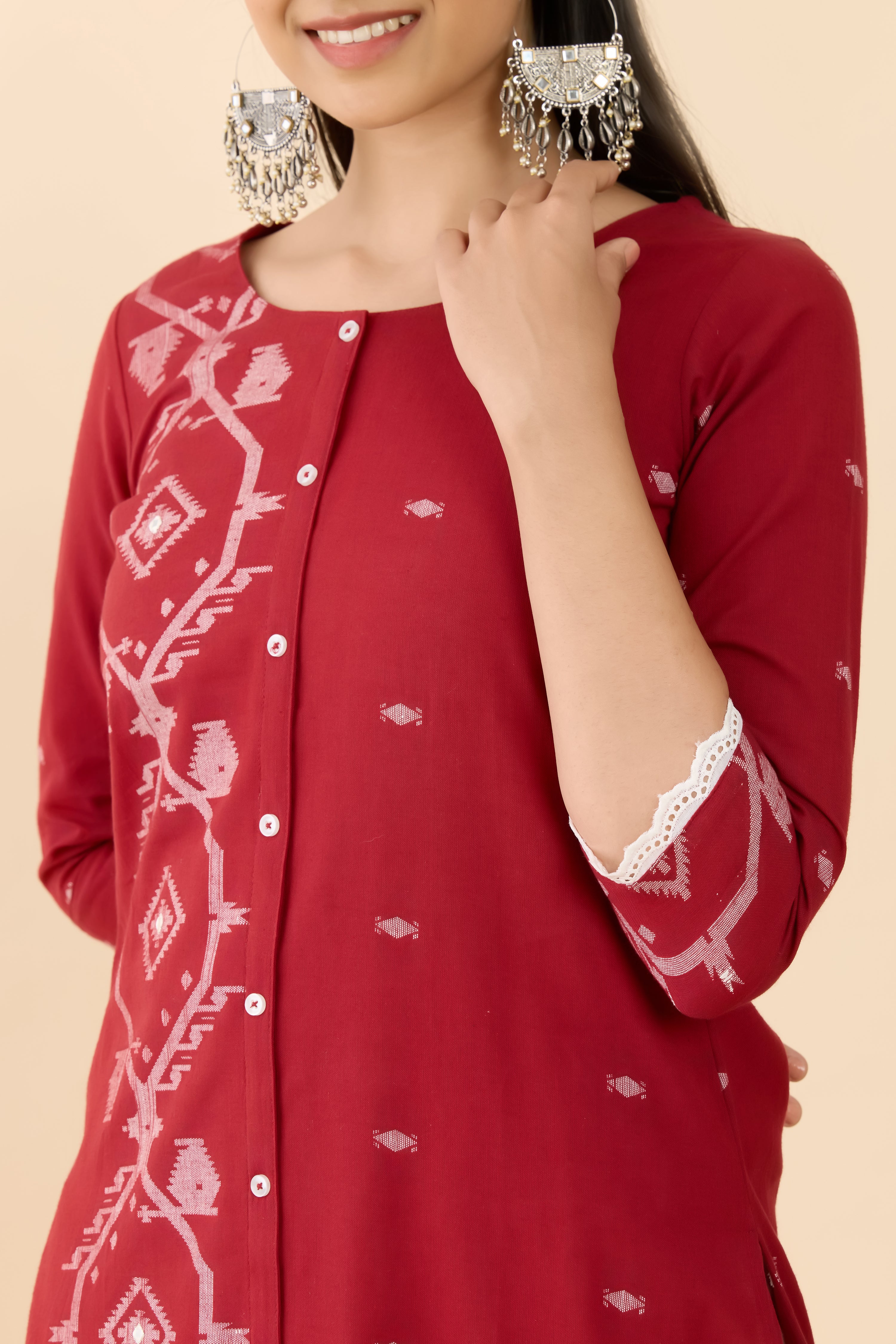 RED JAMDHANI PRINTED STRAIGHT CUT KURTA