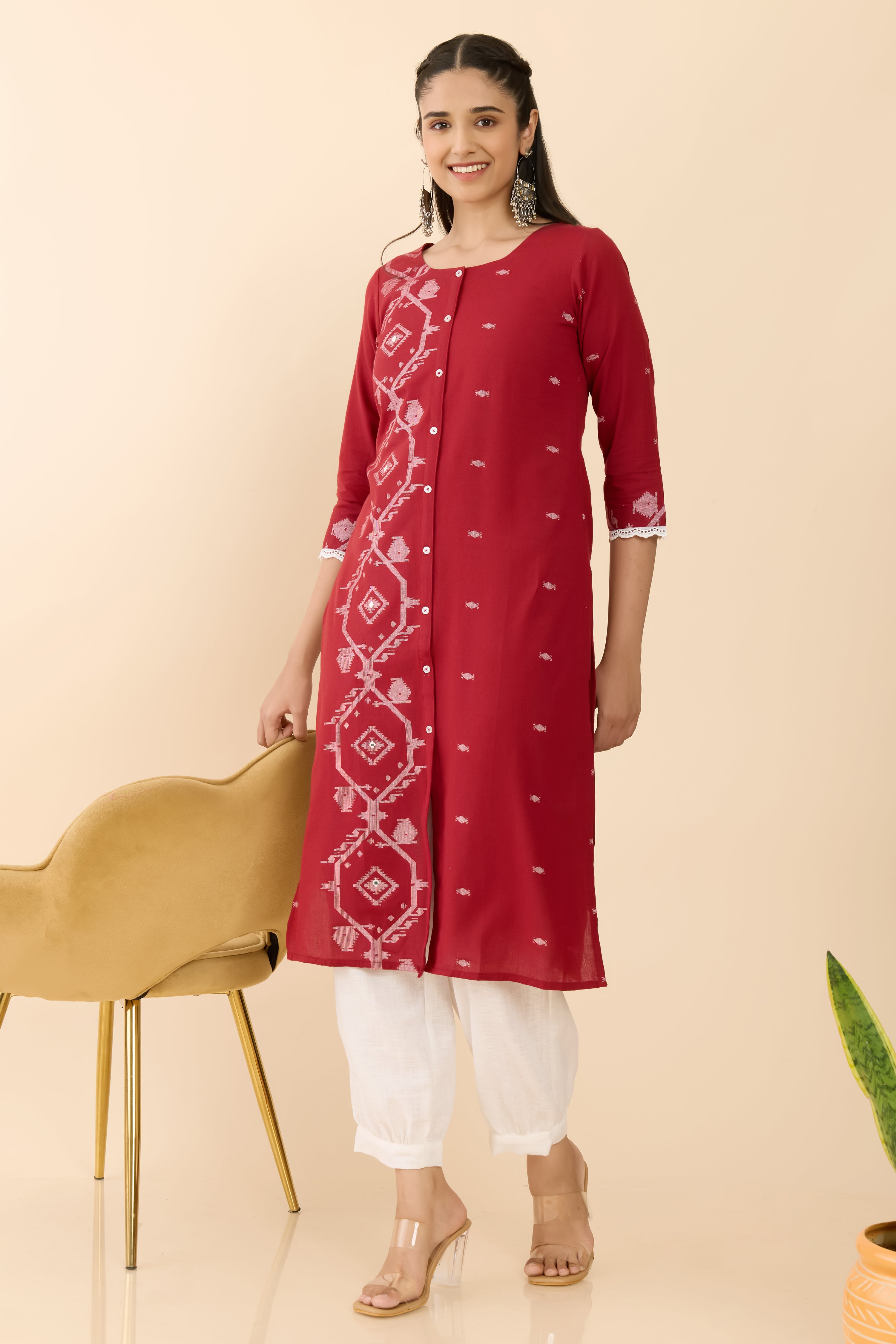 RED JAMDHANI PRINTED STRAIGHT CUT KURTA