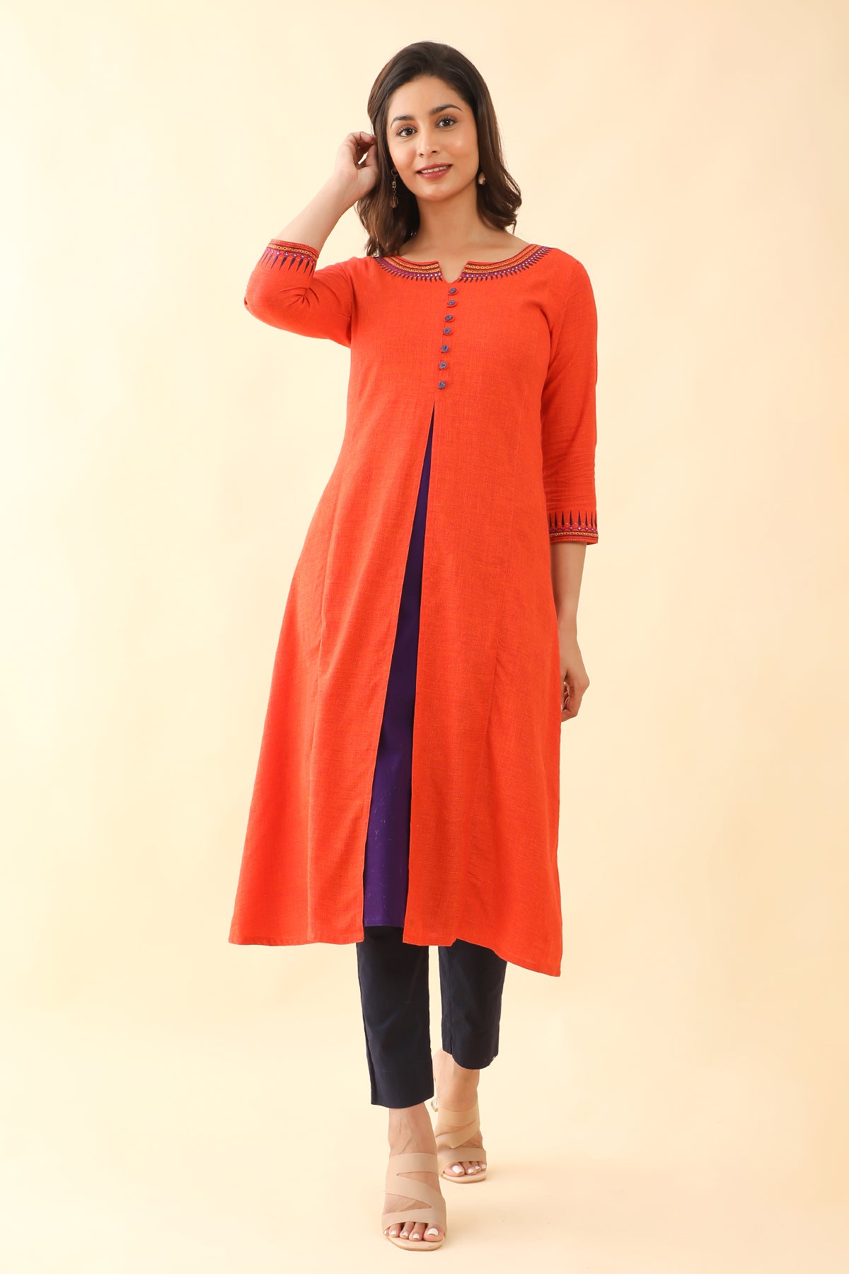 Jewelled Embroidered With Contrast Front Slit Kurta Orange