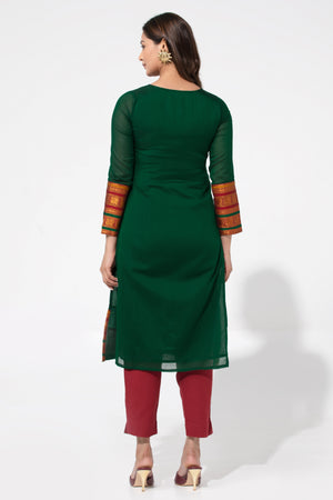 Bottle Green Solid Straight Cotton Kurta with Lining