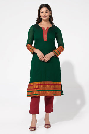 Bottle Green Solid Straight Cotton Kurta with Lining