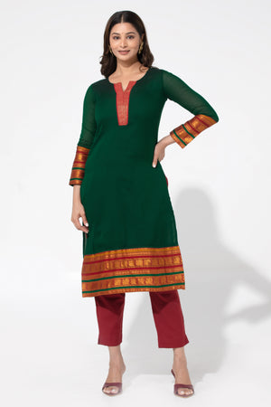 Bottle Green Solid Straight Cotton Kurta with Lining