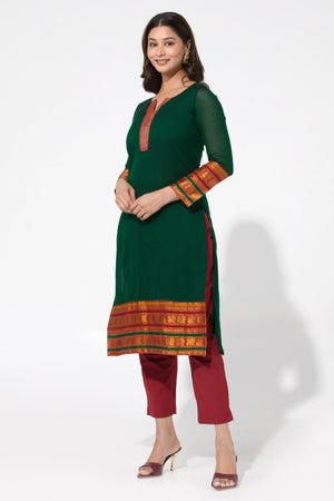 Bottle Green Solid Straight Cotton Kurta with Lining